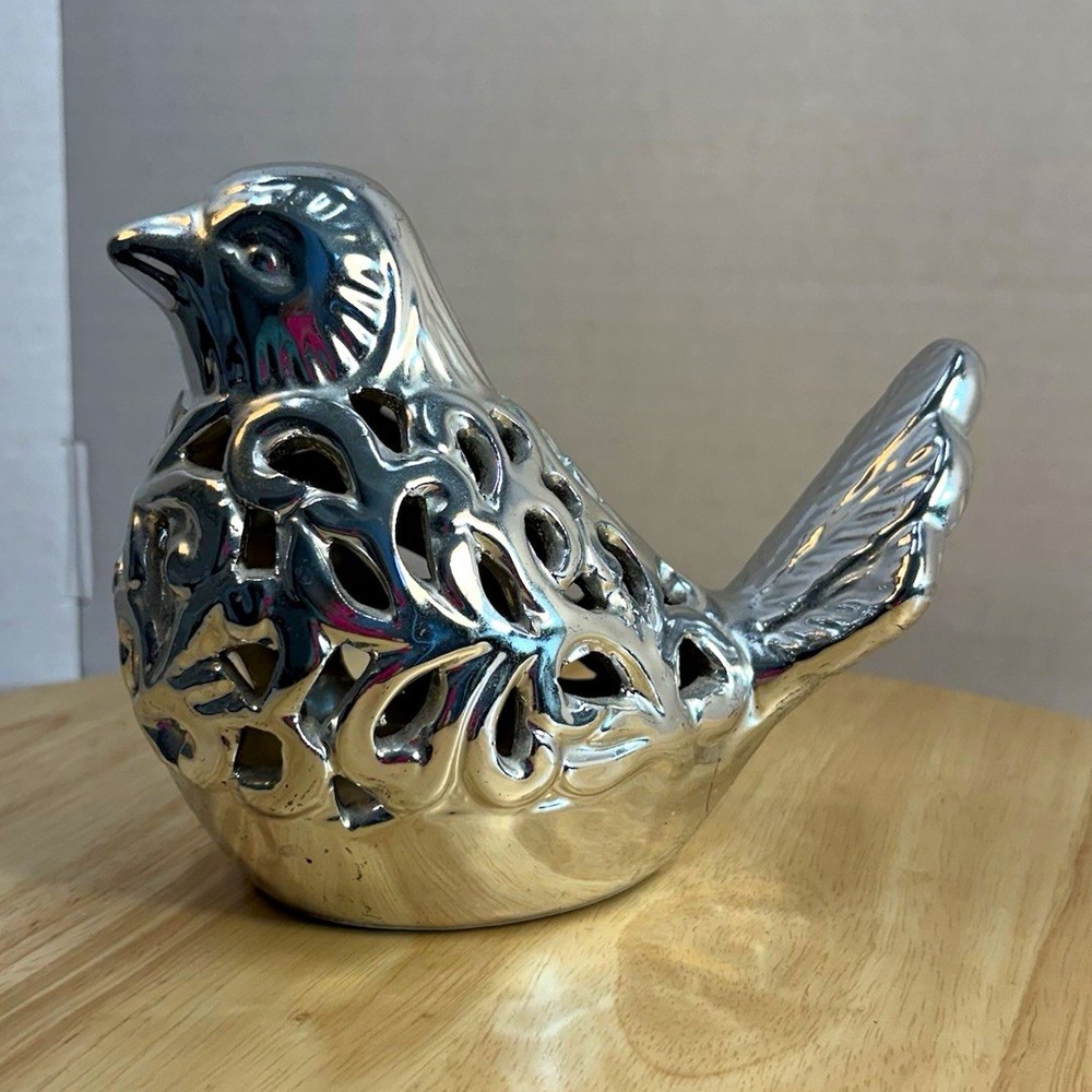 Bath & Body Works Silver Glossy Bird Ceramic Figurine 5 Inch T01100216
